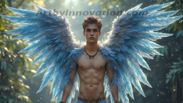 Holy Male Angels of the Elements, with Vibrant Wings. A magical, enchanted fantasy forest, bathed in soft, ethereal light. With towering ancient trees, live the angels of the elements. Stunningly handsome, beautiful, young angel men, who live on earth, deep in the forests. With huge vibrate feathered wings, enormous and shimmering with a radiant hue. The forest is alive with ancient magic.