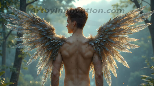 Holy Male Angels of the Elements, with Vibrant Wings. A magical, enchanted fantasy forest, bathed in soft, ethereal light. With towering ancient trees, live the angels of the elements. Stunningly handsome, beautiful, young angel men, who live on earth, deep in the forests. With huge vibrate feathered wings, enormous and shimmering with a radiant hue. The forest is alive with ancient magic.