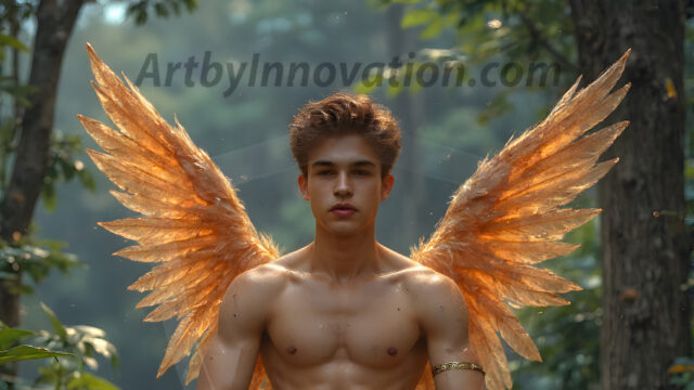 Holy Male Angels of the Elements, with Vibrant Wings. A magical, enchanted fantasy forest, bathed in soft, ethereal light. With towering ancient trees, live the angels of the elements. Stunningly handsome, beautiful, young angel men, who live on earth, deep in the forests. With huge vibrate feathered wings, enormous and shimmering with a radiant hue. The forest is alive with ancient magic.