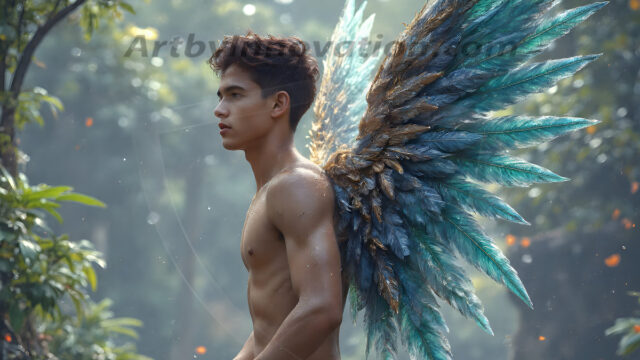 Holy Male Angels of the Elements, with Vibrant Wings. A magical, enchanted fantasy forest, bathed in soft, ethereal light. With towering ancient trees, live the angels of the elements. Stunningly handsome, beautiful, young angel men, who live on earth, deep in the forests. With huge vibrate feathered wings, enormous and shimmering with a radiant hue. The forest is alive with ancient magic.
