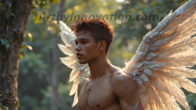 Holy Male Angels of the Elements, with Vibrant Wings. A magical, enchanted fantasy forest, bathed in soft, ethereal light. With towering ancient trees, live the angels of the elements. Stunningly handsome, beautiful, young angel men, who live on earth, deep in the forests. With huge vibrate feathered wings, enormous and shimmering with a radiant hue. The forest is alive with ancient magic.