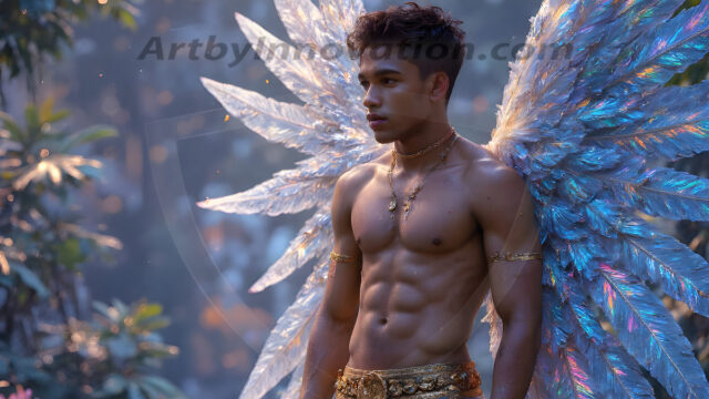 Holy Male Angels of the Elements, with Vibrant Wings. A magical, enchanted fantasy forest, bathed in soft, ethereal light. With towering ancient trees, live the angels of the elements. Stunningly handsome, beautiful, young angel men, who live on earth, deep in the forests. With huge vibrate feathered wings, enormous and shimmering with a radiant hue. The forest is alive with ancient magic.