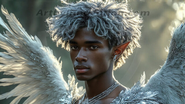 Holy Male Angels of the Elements, with Vibrant Wings. A magical, enchanted fantasy forest, bathed in soft, ethereal light. With towering ancient trees, live the angels of the elements. Stunningly handsome, beautiful, young angel men, who live on earth, deep in the forests. With huge vibrate feathered wings, enormous and shimmering with a radiant hue. The forest is alive with ancient magic.
