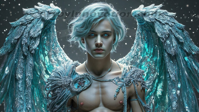 Holy Male Angels of the Elements, with Vibrant Wings. A magical, enchanted fantasy forest, bathed in soft, ethereal light. With towering ancient trees, live the angels of the elements. Stunningly handsome, beautiful, young angel men, who live on earth, deep in the forests. With huge vibrate feathered wings, enormous and shimmering with a radiant hue. The forest is alive with ancient magic.