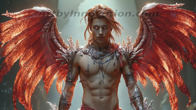 Holy Male Angels of the Elements, with Vibrant Wings. A magical, enchanted fantasy forest, bathed in soft, ethereal light. With towering ancient trees, live the angels of the elements. Stunningly handsome, beautiful, young angel men, who live on earth, deep in the forests. With huge vibrate feathered wings, enormous and shimmering with a radiant hue. The forest is alive with ancient magic.