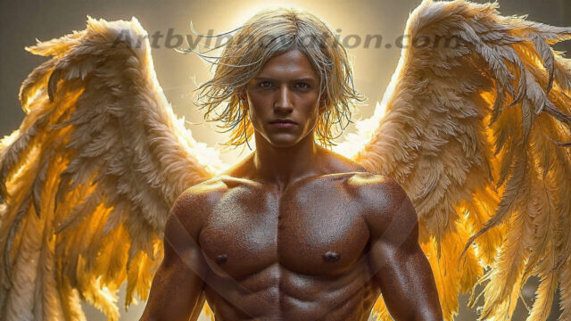 Holy Male Angels of the Elements, with Vibrant Wings. A magical, enchanted fantasy forest, bathed in soft, ethereal light. With towering ancient trees, live the angels of the elements. Stunningly handsome, beautiful, young angel men, who live on earth, deep in the forests. With huge vibrate feathered wings, enormous and shimmering with a radiant hue. The forest is alive with ancient magic.