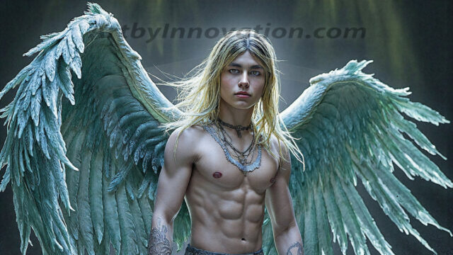 Holy Male Angels of the Elements, with Vibrant Wings. A magical, enchanted fantasy forest, bathed in soft, ethereal light. With towering ancient trees, live the angels of the elements. Stunningly handsome, beautiful, young angel men, who live on earth, deep in the forests. With huge vibrate feathered wings, enormous and shimmering with a radiant hue. The forest is alive with ancient magic.