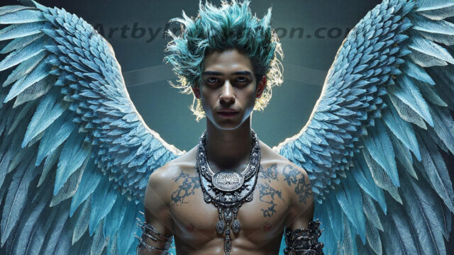 Holy Male Angels of the Elements, with Vibrant Wings. A magical, enchanted fantasy forest, bathed in soft, ethereal light. With towering ancient trees, live the angels of the elements. Stunningly handsome, beautiful, young angel men, who live on earth, deep in the forests. With huge vibrate feathered wings, enormous and shimmering with a radiant hue. The forest is alive with ancient magic.