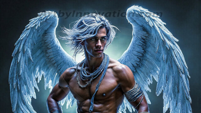 Holy Male Angels of the Elements, with Vibrant Wings. A magical, enchanted fantasy forest, bathed in soft, ethereal light. With towering ancient trees, live the angels of the elements. Stunningly handsome, beautiful, young angel men, who live on earth, deep in the forests. With huge vibrate feathered wings, enormous and shimmering with a radiant hue. The forest is alive with ancient magic.