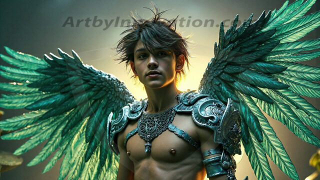 Holy Male Angels of the Elements, with Vibrant Wings. A magical, enchanted fantasy forest, bathed in soft, ethereal light. With towering ancient trees, live the angels of the elements. Stunningly handsome, beautiful, young angel men, who live on earth, deep in the forests. With huge vibrate feathered wings, enormous and shimmering with a radiant hue. The forest is alive with ancient magic.