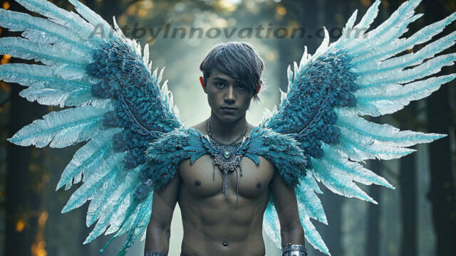 Holy Male Angels of the Elements, with Vibrant Wings. A magical, enchanted fantasy forest, bathed in soft, ethereal light. With towering ancient trees, live the angels of the elements. Stunningly handsome, beautiful, young angel men, who live on earth, deep in the forests. With huge vibrate feathered wings, enormous and shimmering with a radiant hue. The forest is alive with ancient magic.