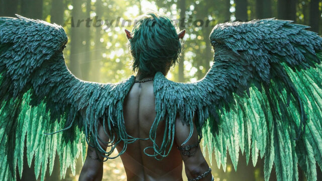 Holy Male Angels of the Elements, with Vibrant Wings. A magical, enchanted fantasy forest, bathed in soft, ethereal light. With towering ancient trees, live the angels of the elements. Stunningly handsome, beautiful, young angel men, who live on earth, deep in the forests. With huge vibrate feathered wings, enormous and shimmering with a radiant hue. The forest is alive with ancient magic.