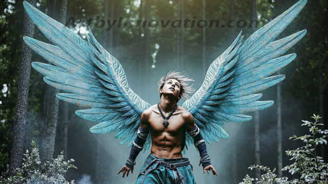 Holy Male Angels of the Elements, with Vibrant Wings. A magical, enchanted fantasy forest, bathed in soft, ethereal light. With towering ancient trees, live the angels of the elements. Stunningly handsome, beautiful, young angel men, who live on earth, deep in the forests. With huge vibrate feathered wings, enormous and shimmering with a radiant hue. The forest is alive with ancient magic.