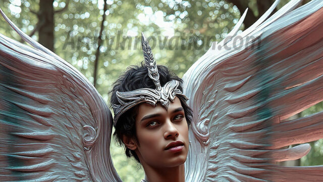Holy Male Angels of the Elements, with Vibrant Wings. A magical, enchanted fantasy forest, bathed in soft, ethereal light. With towering ancient trees, live the angels of the elements. Stunningly handsome, beautiful, young angel men, who live on earth, deep in the forests. With huge vibrate feathered wings, enormous and shimmering with a radiant hue. The forest is alive with ancient magic.