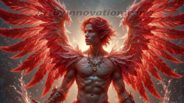 Holy Male Angels of the Elements, with Vibrant Wings. A magical, enchanted fantasy forest, bathed in soft, ethereal light. With towering ancient trees, live the angels of the elements. Stunningly handsome, beautiful, young angel men, who live on earth, deep in the forests. With huge vibrate feathered wings, enormous and shimmering with a radiant hue. The forest is alive with ancient magic.