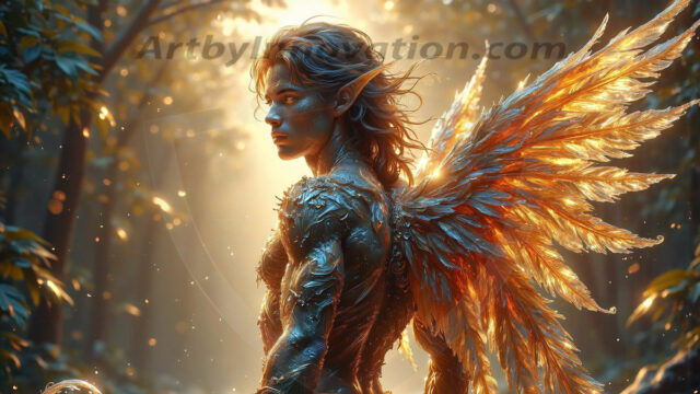 Holy Male Angels of the Elements, with Vibrant Wings. A magical, enchanted fantasy forest, bathed in soft, ethereal light. With towering ancient trees, live the angels of the elements. Stunningly handsome, beautiful, young angel men, who live on earth, deep in the forests. With huge vibrate feathered wings, enormous and shimmering with a radiant hue. The forest is alive with ancient magic.