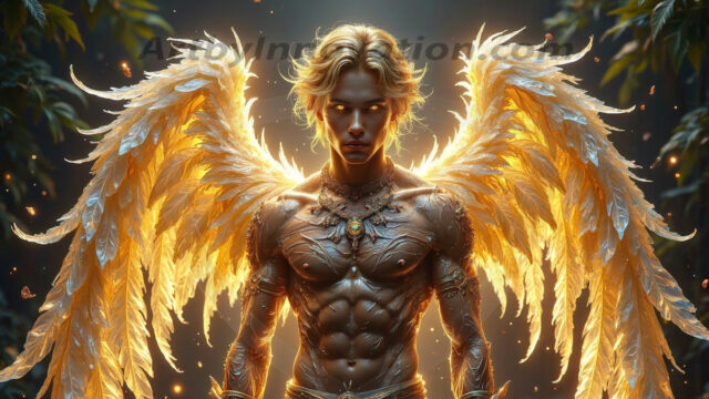 Holy Male Angels of the Elements, with Vibrant Wings. A magical, enchanted fantasy forest, bathed in soft, ethereal light. With towering ancient trees, live the angels of the elements. Stunningly handsome, beautiful, young angel men, who live on earth, deep in the forests. With huge vibrate feathered wings, enormous and shimmering with a radiant hue. The forest is alive with ancient magic.