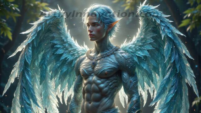 Holy Male Angels of the Elements, with Vibrant Wings. A magical, enchanted fantasy forest, bathed in soft, ethereal light. With towering ancient trees, live the angels of the elements. Stunningly handsome, beautiful, young angel men, who live on earth, deep in the forests. With huge vibrate feathered wings, enormous and shimmering with a radiant hue. The forest is alive with ancient magic.