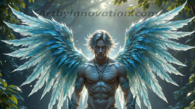 Holy Male Angels of the Elements, with Vibrant Wings. A magical, enchanted fantasy forest, bathed in soft, ethereal light. With towering ancient trees, live the angels of the elements. Stunningly handsome, beautiful, young angel men, who live on earth, deep in the forests. With huge vibrate feathered wings, enormous and shimmering with a radiant hue. The forest is alive with ancient magic.
