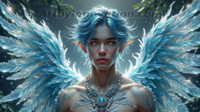 Holy Male Angels of the Elements, with Vibrant Wings. A magical, enchanted fantasy forest, bathed in soft, ethereal light. With towering ancient trees, live the angels of the elements. Stunningly handsome, beautiful, young angel men, who live on earth, deep in the forests. With huge vibrate feathered wings, enormous and shimmering with a radiant hue. The forest is alive with ancient magic.