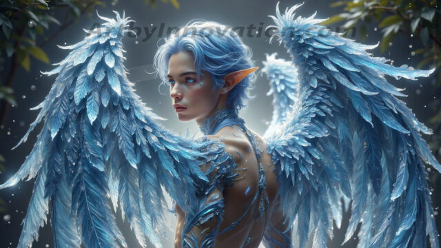 Holy Male Angels of the Elements, with Vibrant Wings. A magical, enchanted fantasy forest, bathed in soft, ethereal light. With towering ancient trees, live the angels of the elements. Stunningly handsome, beautiful, young angel men, who live on earth, deep in the forests. With huge vibrate feathered wings, enormous and shimmering with a radiant hue. The forest is alive with ancient magic.