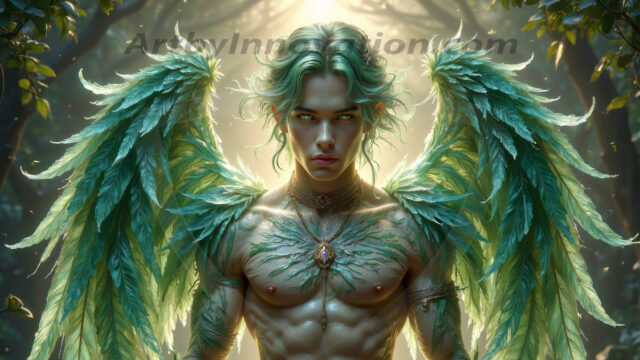 Holy Male Angels of the Elements, with Vibrant Wings. A magical, enchanted fantasy forest, bathed in soft, ethereal light. With towering ancient trees, live the angels of the elements. Stunningly handsome, beautiful, young angel men, who live on earth, deep in the forests. With huge vibrate feathered wings, enormous and shimmering with a radiant hue. The forest is alive with ancient magic.