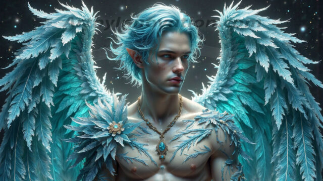 Holy Male Angels of the Elements, with Vibrant Wings. A magical, enchanted fantasy forest, bathed in soft, ethereal light. With towering ancient trees, live the angels of the elements. Stunningly handsome, beautiful, young angel men, who live on earth, deep in the forests. With huge vibrate feathered wings, enormous and shimmering with a radiant hue. The forest is alive with ancient magic.