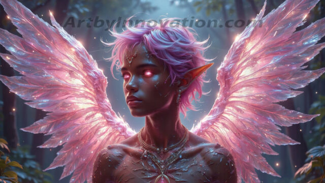 Holy Male Angels of the Elements, with Vibrant Wings. A magical, enchanted fantasy forest, bathed in soft, ethereal light. With towering ancient trees, live the angels of the elements. Stunningly handsome, beautiful, young angel men, who live on earth, deep in the forests. With huge vibrate feathered wings, enormous and shimmering with a radiant hue. The forest is alive with ancient magic.
