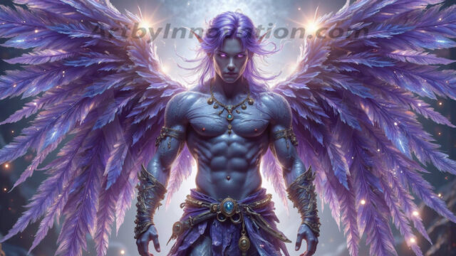 Holy Male Angels of the Elements, with Vibrant Wings. A magical, enchanted fantasy forest, bathed in soft, ethereal light. With towering ancient trees, live the angels of the elements. Stunningly handsome, beautiful, young angel men, who live on earth, deep in the forests. With huge vibrate feathered wings, enormous and shimmering with a radiant hue. The forest is alive with ancient magic.
