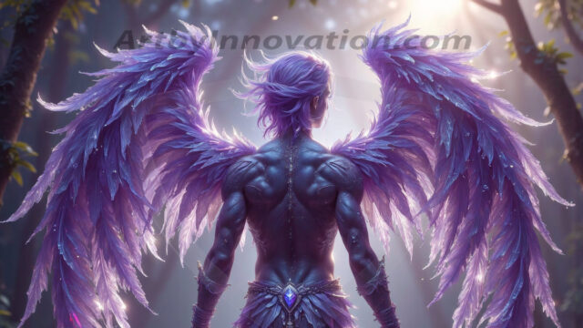 Holy Male Angels of the Elements, with Vibrant Wings. A magical, enchanted fantasy forest, bathed in soft, ethereal light. With towering ancient trees, live the angels of the elements. Stunningly handsome, beautiful, young angel men, who live on earth, deep in the forests. With huge vibrate feathered wings, enormous and shimmering with a radiant hue. The forest is alive with ancient magic.