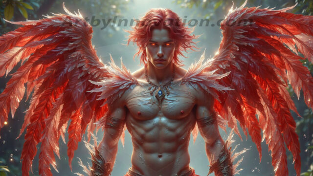 Holy Male Angels of the Elements, with Vibrant Wings. A magical, enchanted fantasy forest, bathed in soft, ethereal light. With towering ancient trees, live the angels of the elements. Stunningly handsome, beautiful, young angel men, who live on earth, deep in the forests. With huge vibrate feathered wings, enormous and shimmering with a radiant hue. The forest is alive with ancient magic.
