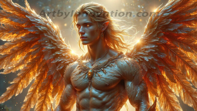 Holy Male Angels of the Elements, with Vibrant Wings. A magical, enchanted fantasy forest, bathed in soft, ethereal light. With towering ancient trees, live the angels of the elements. Stunningly handsome, beautiful, young angel men, who live on earth, deep in the forests. With huge vibrate feathered wings, enormous and shimmering with a radiant hue. The forest is alive with ancient magic.