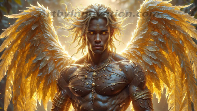 Holy Male Angels of the Elements, with Vibrant Wings. A magical, enchanted fantasy forest, bathed in soft, ethereal light. With towering ancient trees, live the angels of the elements. Stunningly handsome, beautiful, young angel men, who live on earth, deep in the forests. With huge vibrate feathered wings, enormous and shimmering with a radiant hue. The forest is alive with ancient magic.