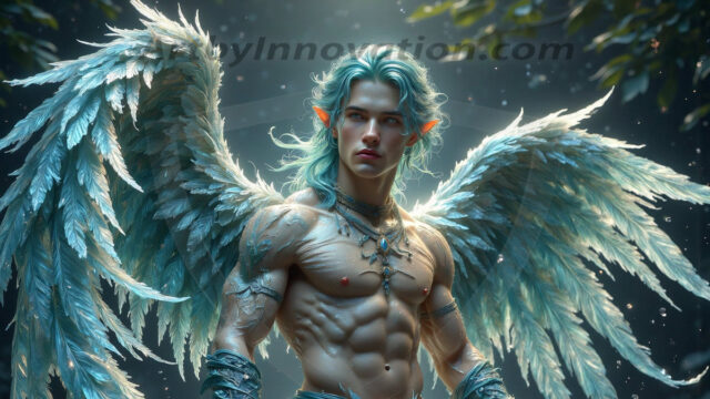 Holy Male Angels of the Elements, with Vibrant Wings. A magical, enchanted fantasy forest, bathed in soft, ethereal light. With towering ancient trees, live the angels of the elements. Stunningly handsome, beautiful, young angel men, who live on earth, deep in the forests. With huge vibrate feathered wings, enormous and shimmering with a radiant hue. The forest is alive with ancient magic.