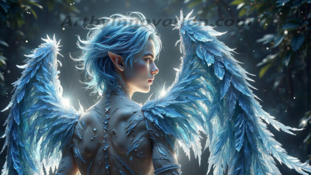Holy Male Angels of the Elements, with Vibrant Wings. A magical, enchanted fantasy forest, bathed in soft, ethereal light. With towering ancient trees, live the angels of the elements. Stunningly handsome, beautiful, young angel men, who live on earth, deep in the forests. With huge vibrate feathered wings, enormous and shimmering with a radiant hue. The forest is alive with ancient magic.