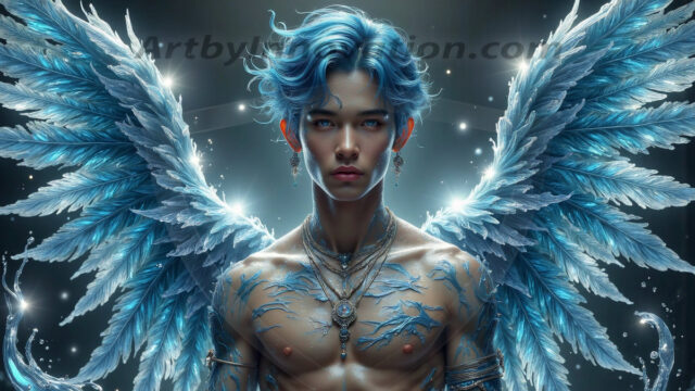 Holy Male Angels of the Elements, with Vibrant Wings. A magical, enchanted fantasy forest, bathed in soft, ethereal light. With towering ancient trees, live the angels of the elements. Stunningly handsome, beautiful, young angel men, who live on earth, deep in the forests. With huge vibrate feathered wings, enormous and shimmering with a radiant hue. The forest is alive with ancient magic.