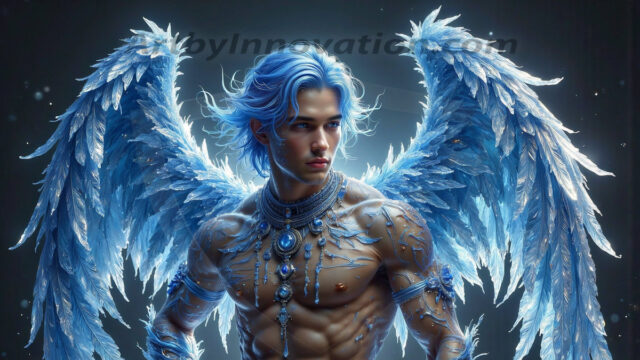 Holy Male Angels of the Elements, with Vibrant Wings. A magical, enchanted fantasy forest, bathed in soft, ethereal light. With towering ancient trees, live the angels of the elements. Stunningly handsome, beautiful, young angel men, who live on earth, deep in the forests. With huge vibrate feathered wings, enormous and shimmering with a radiant hue. The forest is alive with ancient magic.