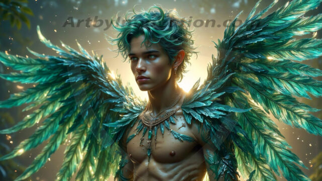 Holy Male Angels of the Elements, with Vibrant Wings. A magical, enchanted fantasy forest, bathed in soft, ethereal light. With towering ancient trees, live the angels of the elements. Stunningly handsome, beautiful, young angel men, who live on earth, deep in the forests. With huge vibrate feathered wings, enormous and shimmering with a radiant hue. The forest is alive with ancient magic.