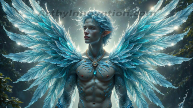 Holy Male Angels of the Elements, with Vibrant Wings. A magical, enchanted fantasy forest, bathed in soft, ethereal light. With towering ancient trees, live the angels of the elements. Stunningly handsome, beautiful, young angel men, who live on earth, deep in the forests. With huge vibrate feathered wings, enormous and shimmering with a radiant hue. The forest is alive with ancient magic.