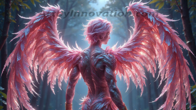Holy Male Angels of the Elements, with Vibrant Wings. A magical, enchanted fantasy forest, bathed in soft, ethereal light. With towering ancient trees, live the angels of the elements. Stunningly handsome, beautiful, young angel men, who live on earth, deep in the forests. With huge vibrate feathered wings, enormous and shimmering with a radiant hue. The forest is alive with ancient magic.