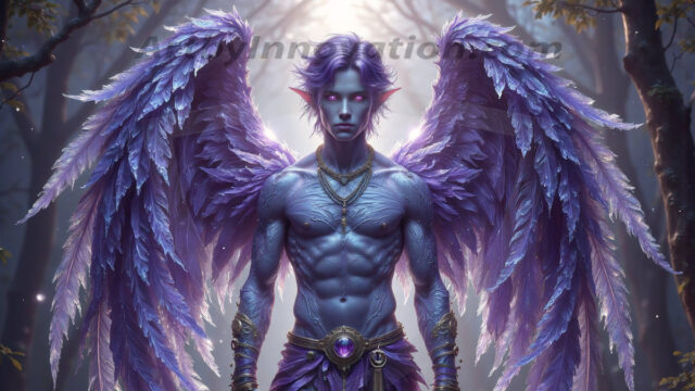 Holy Male Angels of the Elements, with Vibrant Wings. A magical, enchanted fantasy forest, bathed in soft, ethereal light. With towering ancient trees, live the angels of the elements. Stunningly handsome, beautiful, young angel men, who live on earth, deep in the forests. With huge vibrate feathered wings, enormous and shimmering with a radiant hue. The forest is alive with ancient magic.