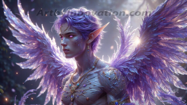 Holy Male Angels of the Elements, with Vibrant Wings. A magical, enchanted fantasy forest, bathed in soft, ethereal light. With towering ancient trees, live the angels of the elements. Stunningly handsome, beautiful, young angel men, who live on earth, deep in the forests. With huge vibrate feathered wings, enormous and shimmering with a radiant hue. The forest is alive with ancient magic.