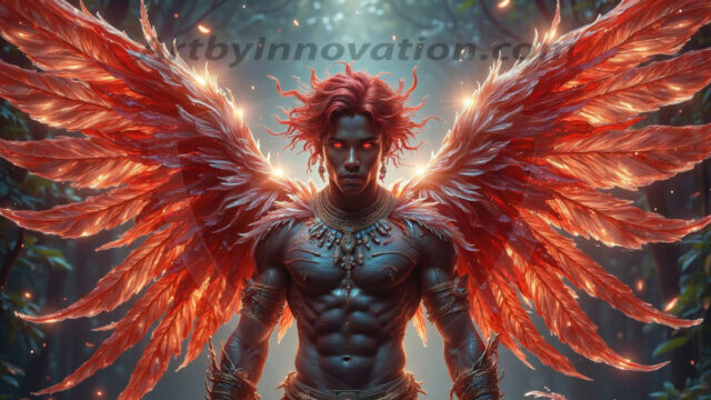 Holy Male Angels of the Elements, with Vibrant Wings. A magical, enchanted fantasy forest, bathed in soft, ethereal light. With towering ancient trees, live the angels of the elements. Stunningly handsome, beautiful, young angel men, who live on earth, deep in the forests. With huge vibrate feathered wings, enormous and shimmering with a radiant hue. The forest is alive with ancient magic.