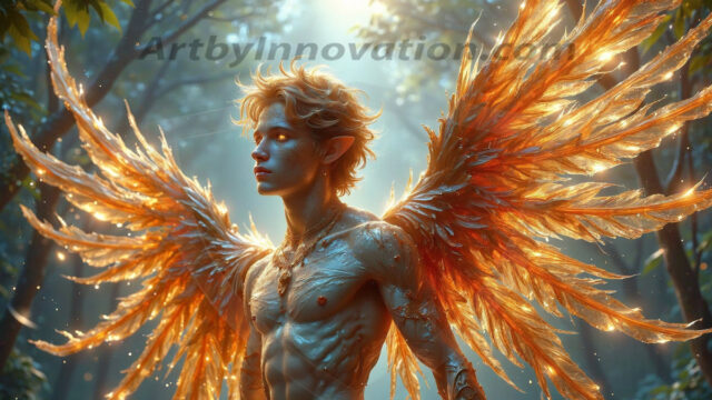 Holy Male Angels of the Elements, with Vibrant Wings. A magical, enchanted fantasy forest, bathed in soft, ethereal light. With towering ancient trees, live the angels of the elements. Stunningly handsome, beautiful, young angel men, who live on earth, deep in the forests. With huge vibrate feathered wings, enormous and shimmering with a radiant hue. The forest is alive with ancient magic.