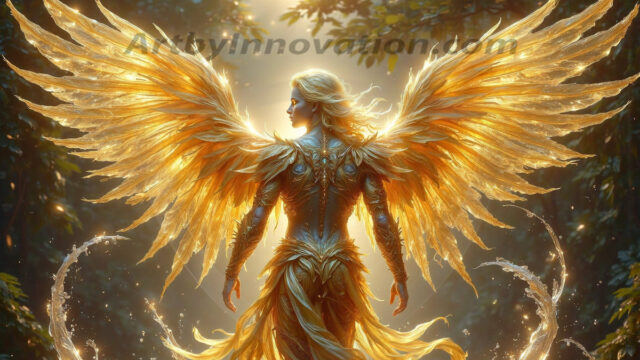 Holy Male Angels of the Elements, with Vibrant Wings. A magical, enchanted fantasy forest, bathed in soft, ethereal light. With towering ancient trees, live the angels of the elements. Stunningly handsome, beautiful, young angel men, who live on earth, deep in the forests. With huge vibrate feathered wings, enormous and shimmering with a radiant hue. The forest is alive with ancient magic.