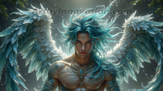 Holy Male Angels of the Elements, with Vibrant Wings. A magical, enchanted fantasy forest, bathed in soft, ethereal light. With towering ancient trees, live the angels of the elements. Stunningly handsome, beautiful, young angel men, who live on earth, deep in the forests. With huge vibrate feathered wings, enormous and shimmering with a radiant hue. The forest is alive with ancient magic.