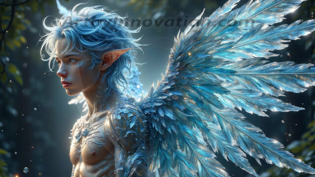 Holy Male Angels of the Elements, with Vibrant Wings. A magical, enchanted fantasy forest, bathed in soft, ethereal light. With towering ancient trees, live the angels of the elements. Stunningly handsome, beautiful, young angel men, who live on earth, deep in the forests. With huge vibrate feathered wings, enormous and shimmering with a radiant hue. The forest is alive with ancient magic.