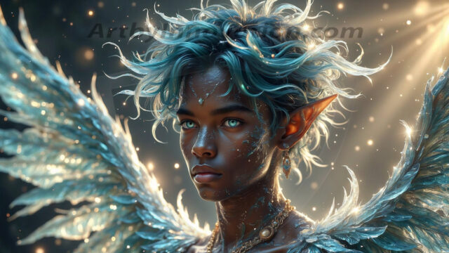 Holy Male Angels of the Elements, with Vibrant Wings. A magical, enchanted fantasy forest, bathed in soft, ethereal light. With towering ancient trees, live the angels of the elements. Stunningly handsome, beautiful, young angel men, who live on earth, deep in the forests. With huge vibrate feathered wings, enormous and shimmering with a radiant hue. The forest is alive with ancient magic.