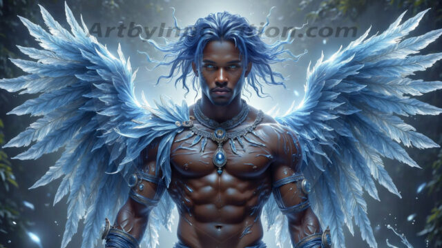 Holy Male Angels of the Elements, with Vibrant Wings. A magical, enchanted fantasy forest, bathed in soft, ethereal light. With towering ancient trees, live the angels of the elements. Stunningly handsome, beautiful, young angel men, who live on earth, deep in the forests. With huge vibrate feathered wings, enormous and shimmering with a radiant hue. The forest is alive with ancient magic.