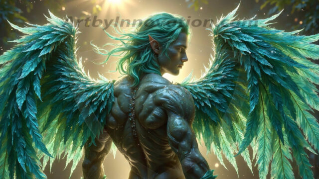 Holy Male Angels of the Elements, with Vibrant Wings. A magical, enchanted fantasy forest, bathed in soft, ethereal light. With towering ancient trees, live the angels of the elements. Stunningly handsome, beautiful, young angel men, who live on earth, deep in the forests. With huge vibrate feathered wings, enormous and shimmering with a radiant hue. The forest is alive with ancient magic.